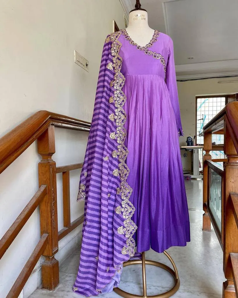 Purple Gown in Vichitra Silk with Embroidery Sequence Work