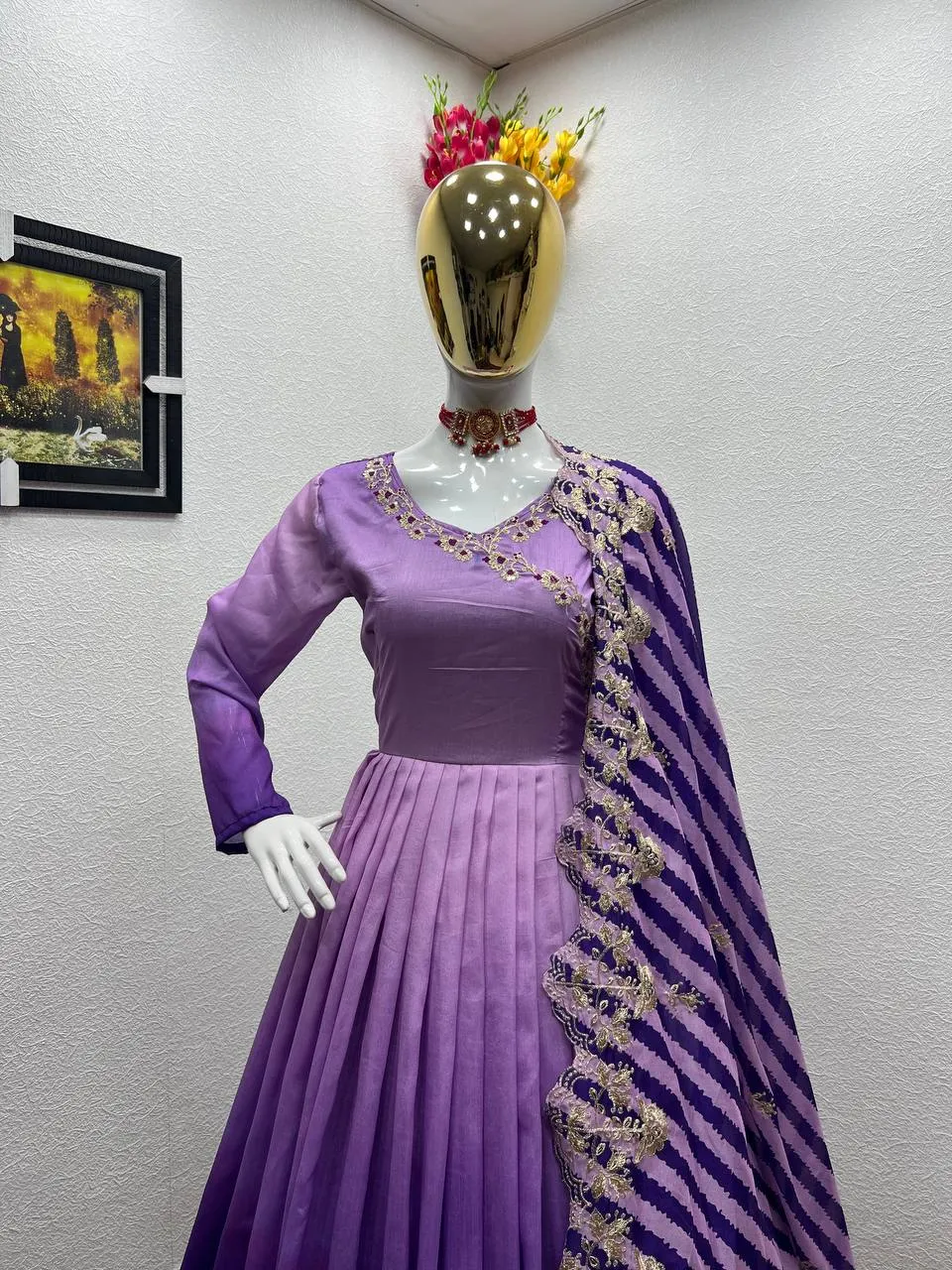 Purple Gown in Vichitra Silk with Embroidery Sequence Work