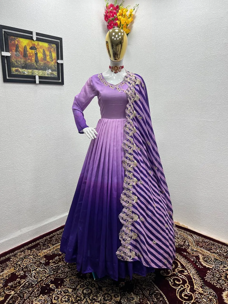 Purple Gown in Vichitra Silk with Embroidery Sequence Work