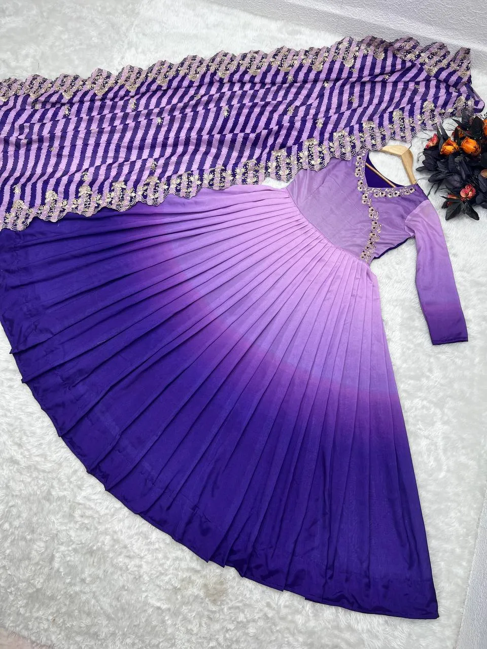 Purple Gown in Vichitra Silk with Embroidery Sequence Work