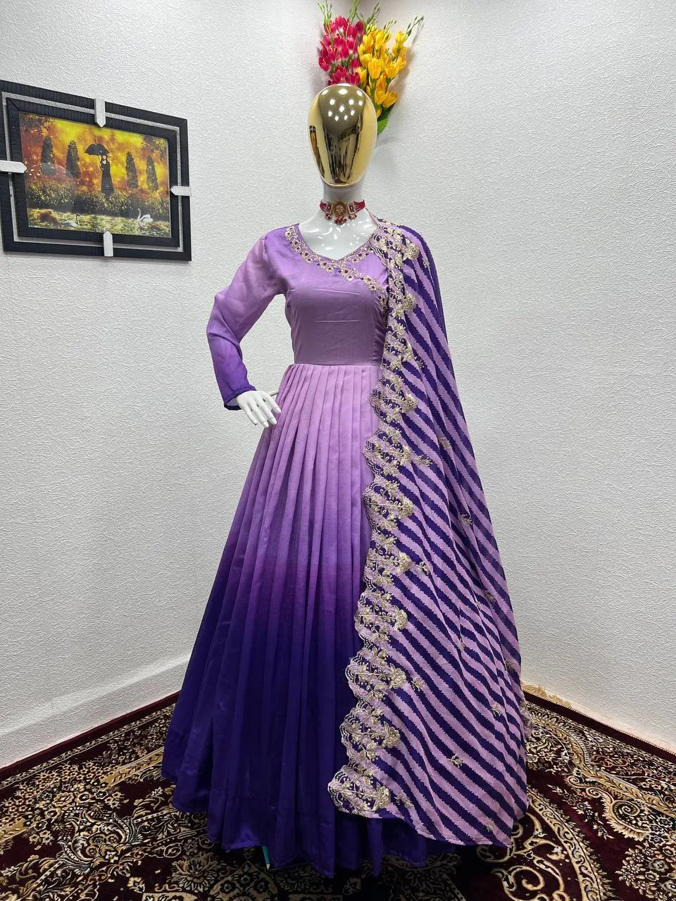 Purple Gown in Vichitra Silk with Embroidery Sequence Work