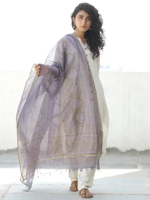 Purple Grey Kota Silk Hand Block Printed Dupatta - D04170535