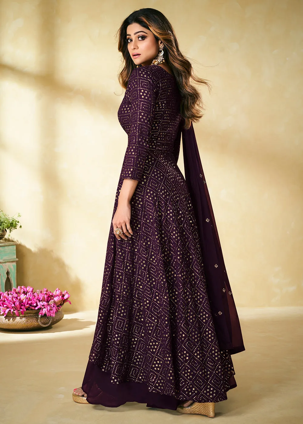 Purple Indian Designer Embroidered Palazzo Suit