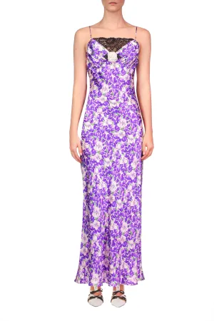 Purple Iris Printed Silk Satin Bias Dress With Ruched Bust And Black Lace Detail