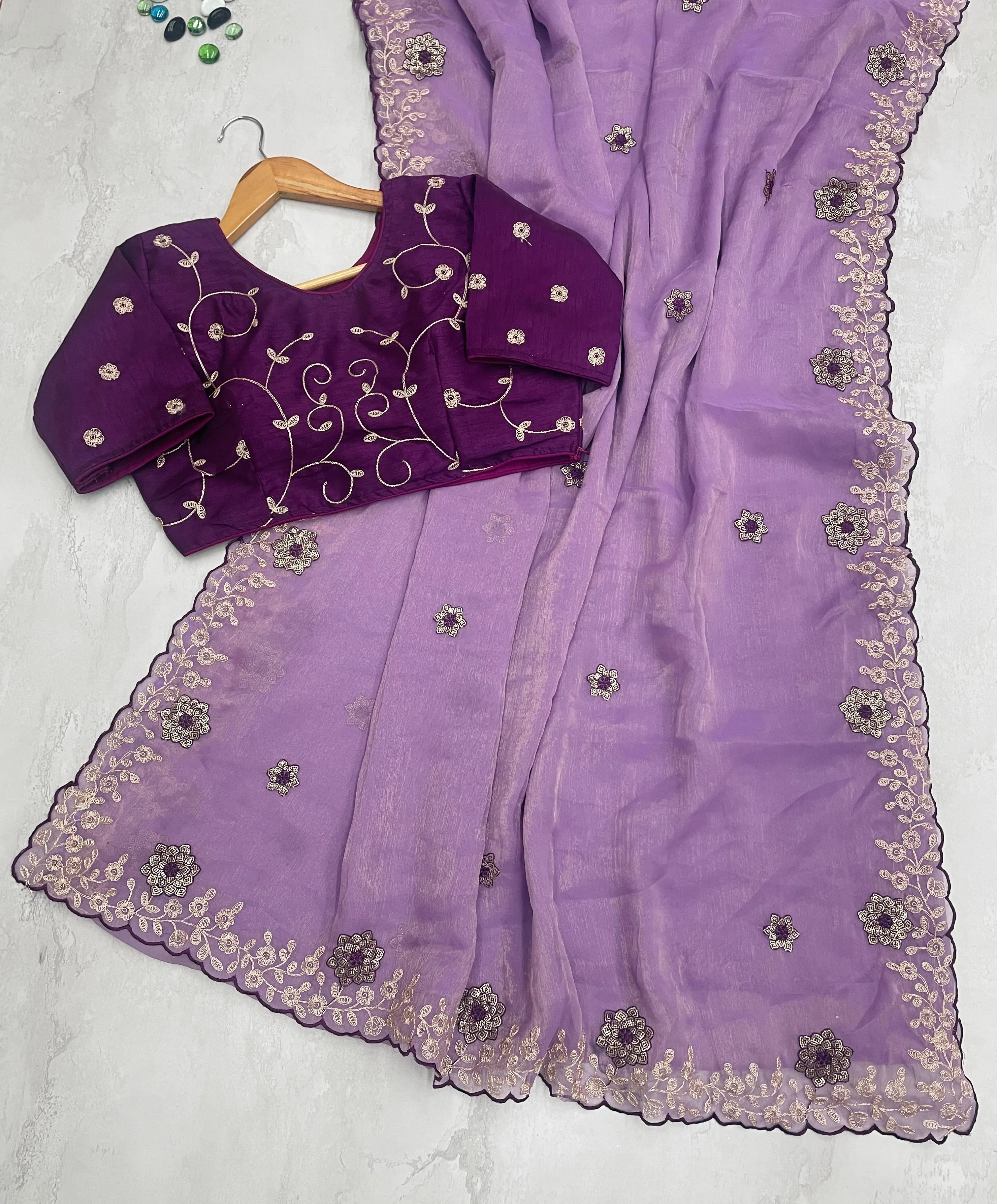 Purple Kasoli Silk Saree with Beautiful Embroidery and Contrast Thread Work