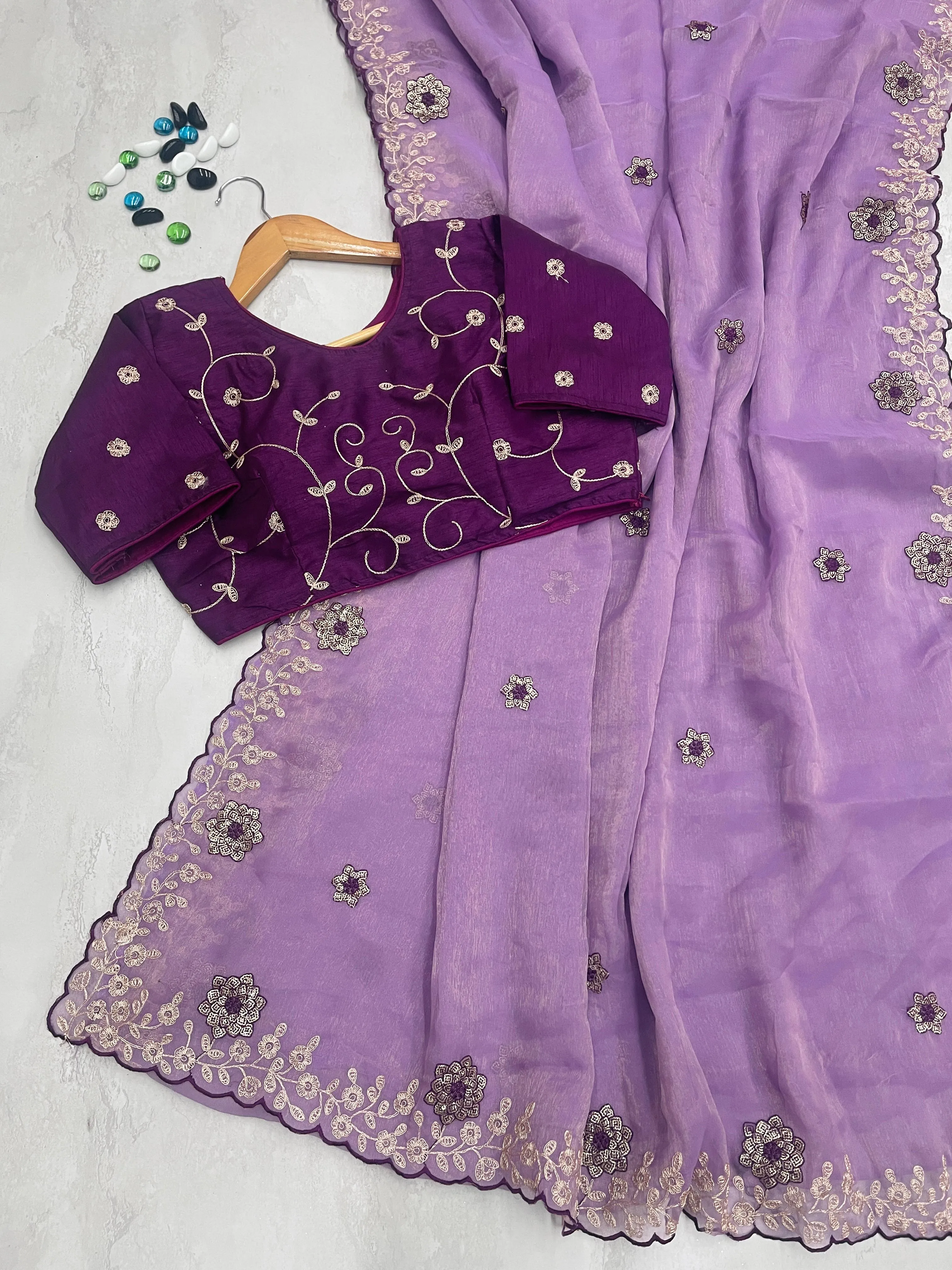 Purple Kasoli Silk Saree with Beautiful Embroidery and Contrast Thread Work