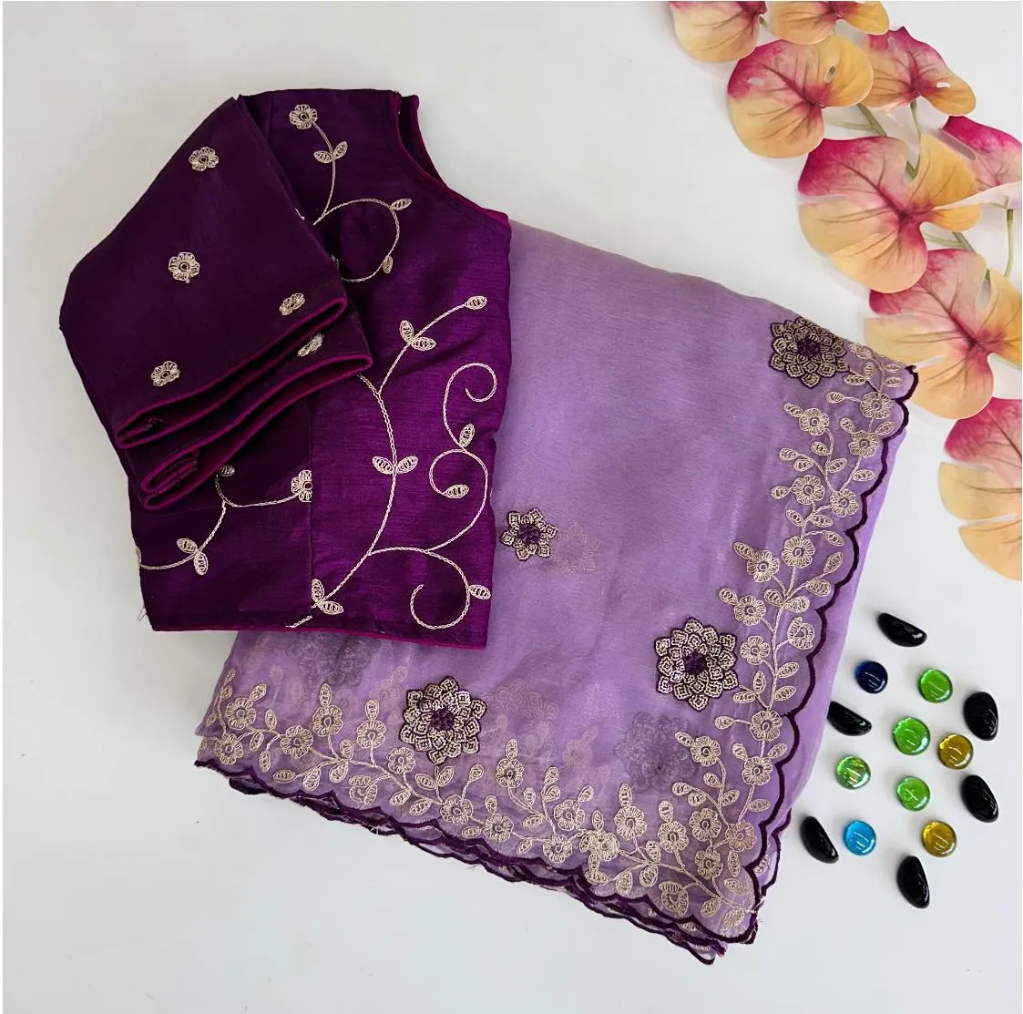 Purple Kasoli Silk Saree with Beautiful Embroidery and Contrast Thread Work