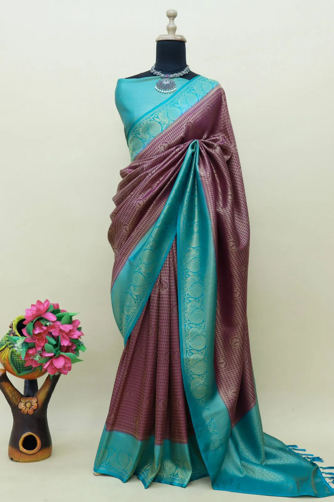 Purple Kuber Soft Silk Saree with Exquisite Golden Jari Work & Matching Blouse