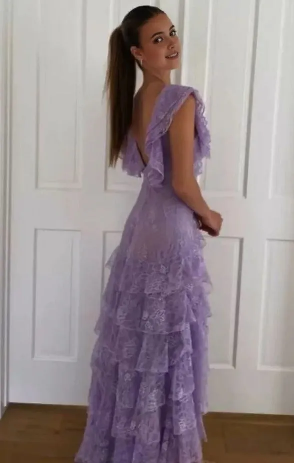 Purple Lace Long Prom Dress Backless Evening Dress Stunning Maxi Dress