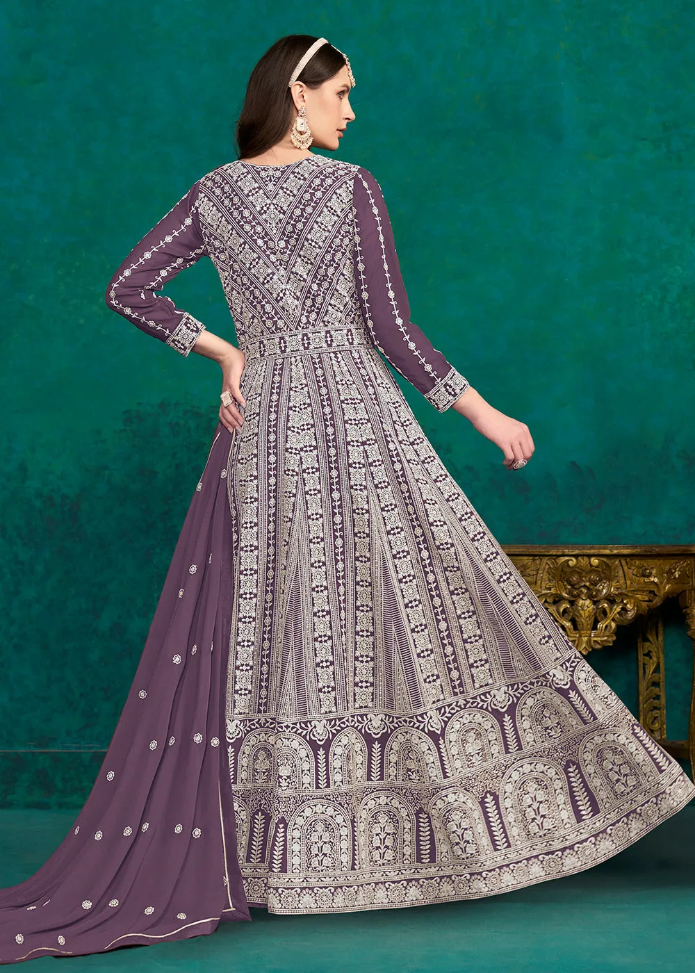 Purple Lucknowi Embroidered Wedding Anarkali Suit