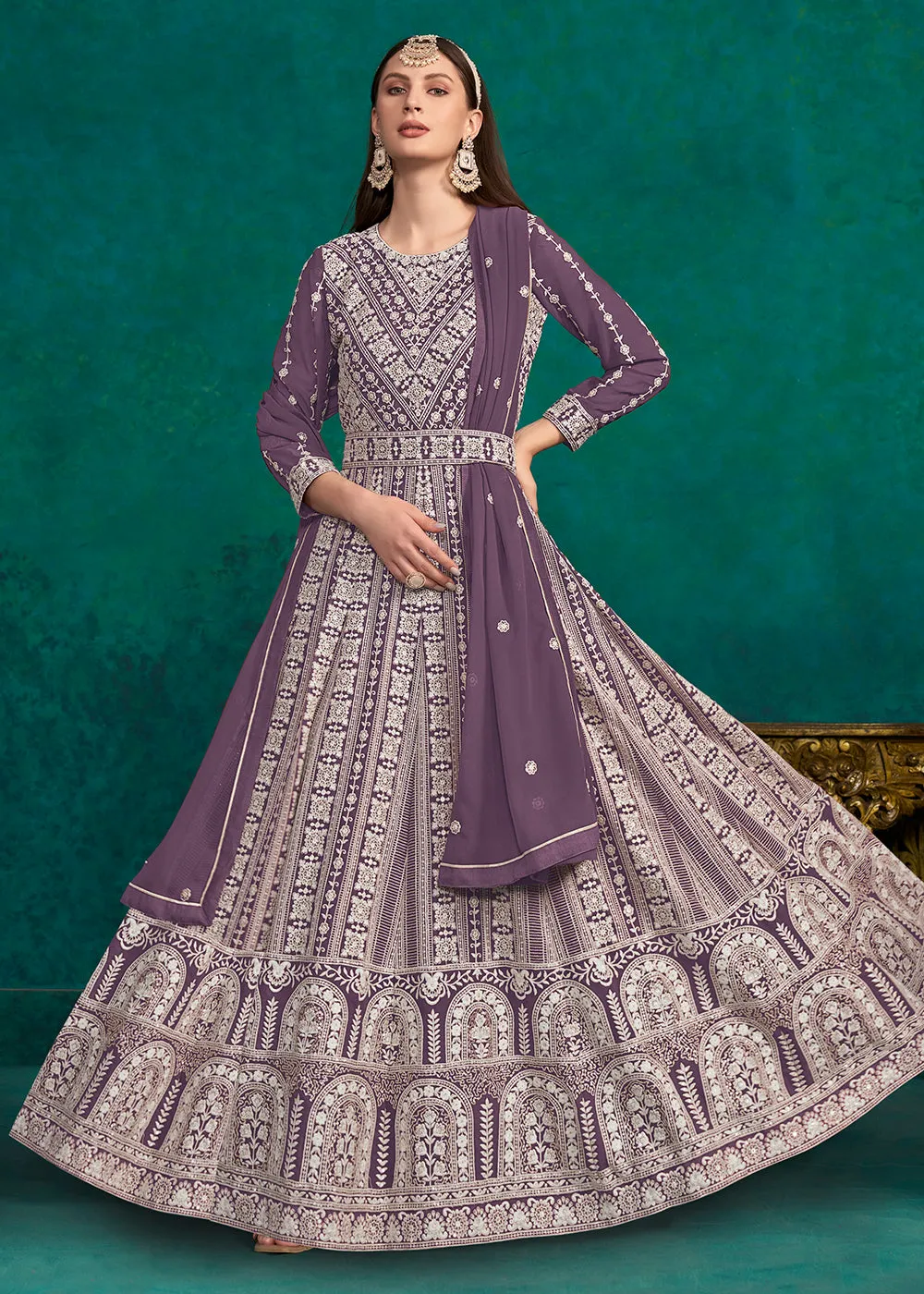 Purple Lucknowi Embroidered Wedding Anarkali Suit