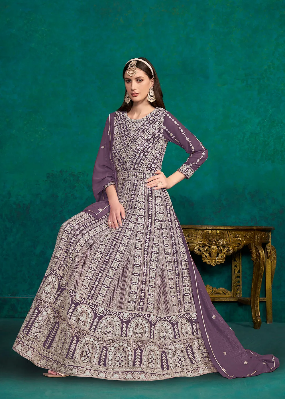 Purple Lucknowi Embroidered Wedding Anarkali Suit