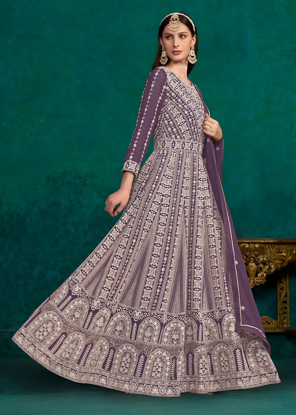 Purple Lucknowi Embroidered Wedding Anarkali Suit