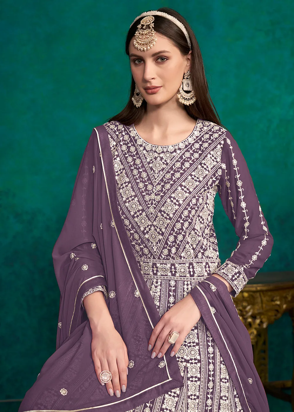 Purple Lucknowi Embroidered Wedding Anarkali Suit