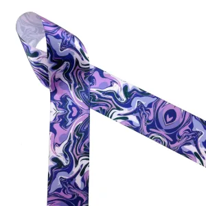 Purple marbled ribbon in shades from deep purple to lavender printed on 1.5" white single face satin