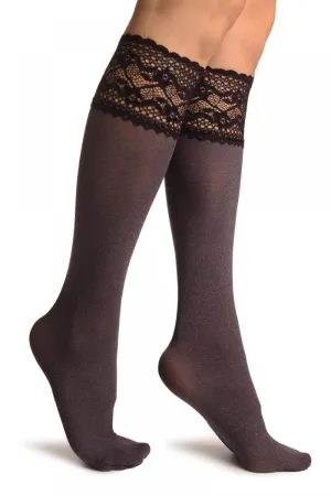 Purple Melange With Floral Silicon Lace Socks Knee High