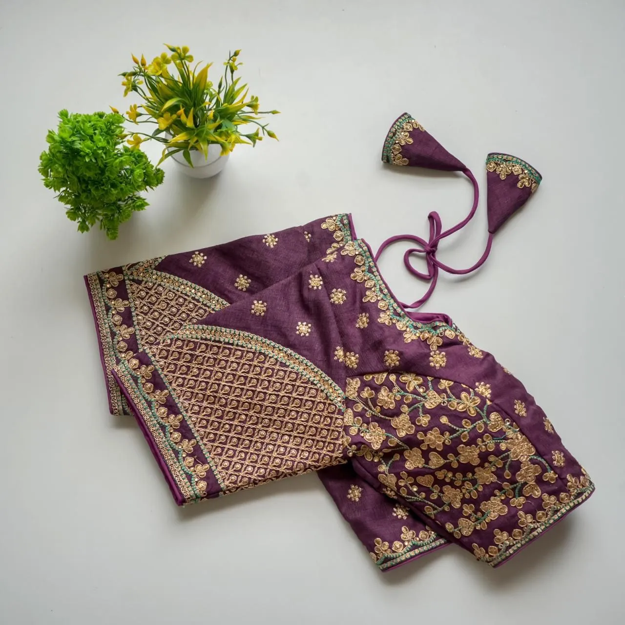 Purple Mulmul Silk Blouse with Golden Embroidery and Sequins