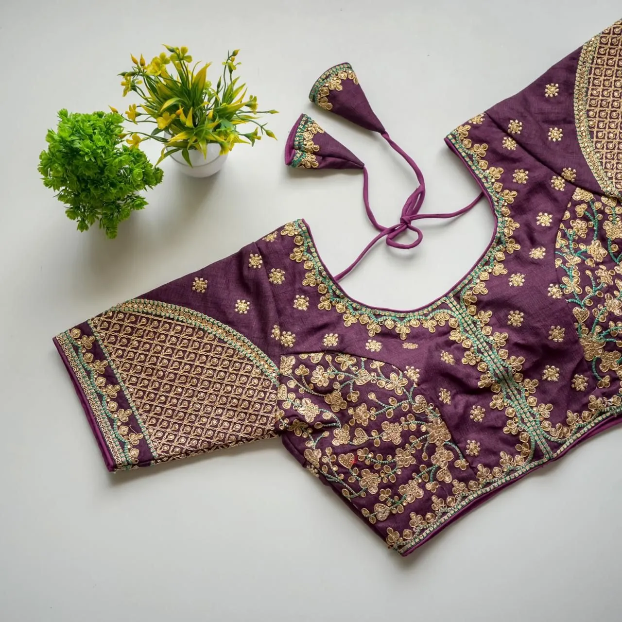 Purple Mulmul Silk Blouse with Golden Embroidery and Sequins