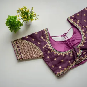 Purple Mulmul Silk Blouse with Golden Embroidery and Sequins