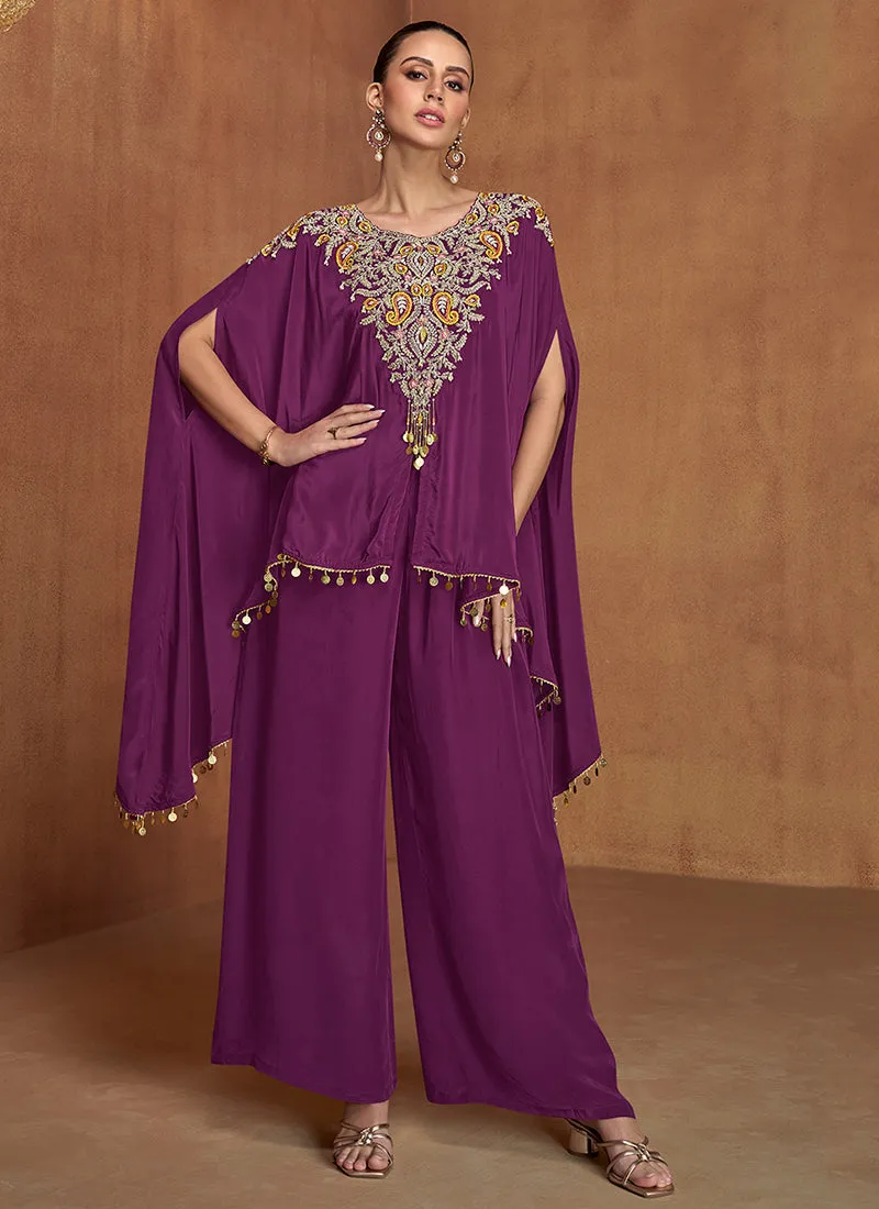 Purple Multi Embroidery Poncho Style Pant Suit