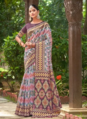 Purple Multicolored Ikat Printed Patola Silk Saree