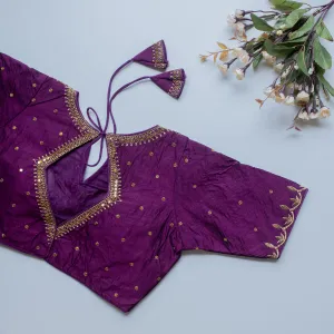 Purple Olive Silk Blouse with Golden Embroidery and Sequence Accents