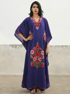 Purple Peach Pink Aari Embroidered Long Kashmere Free Size Kaftan in Crushed Cotton - K11K021