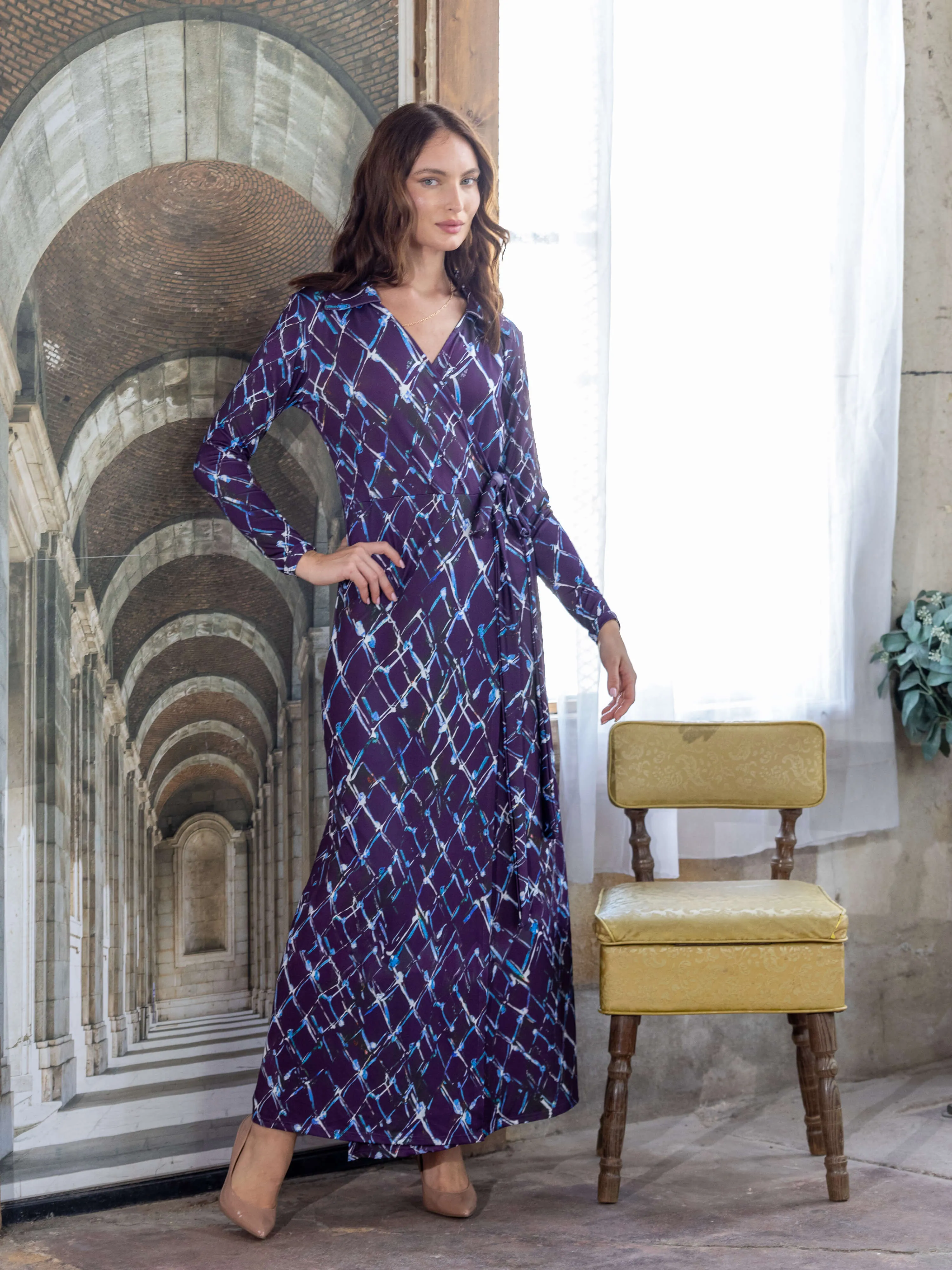 Purple Print Collared Wrap Maxi Dress