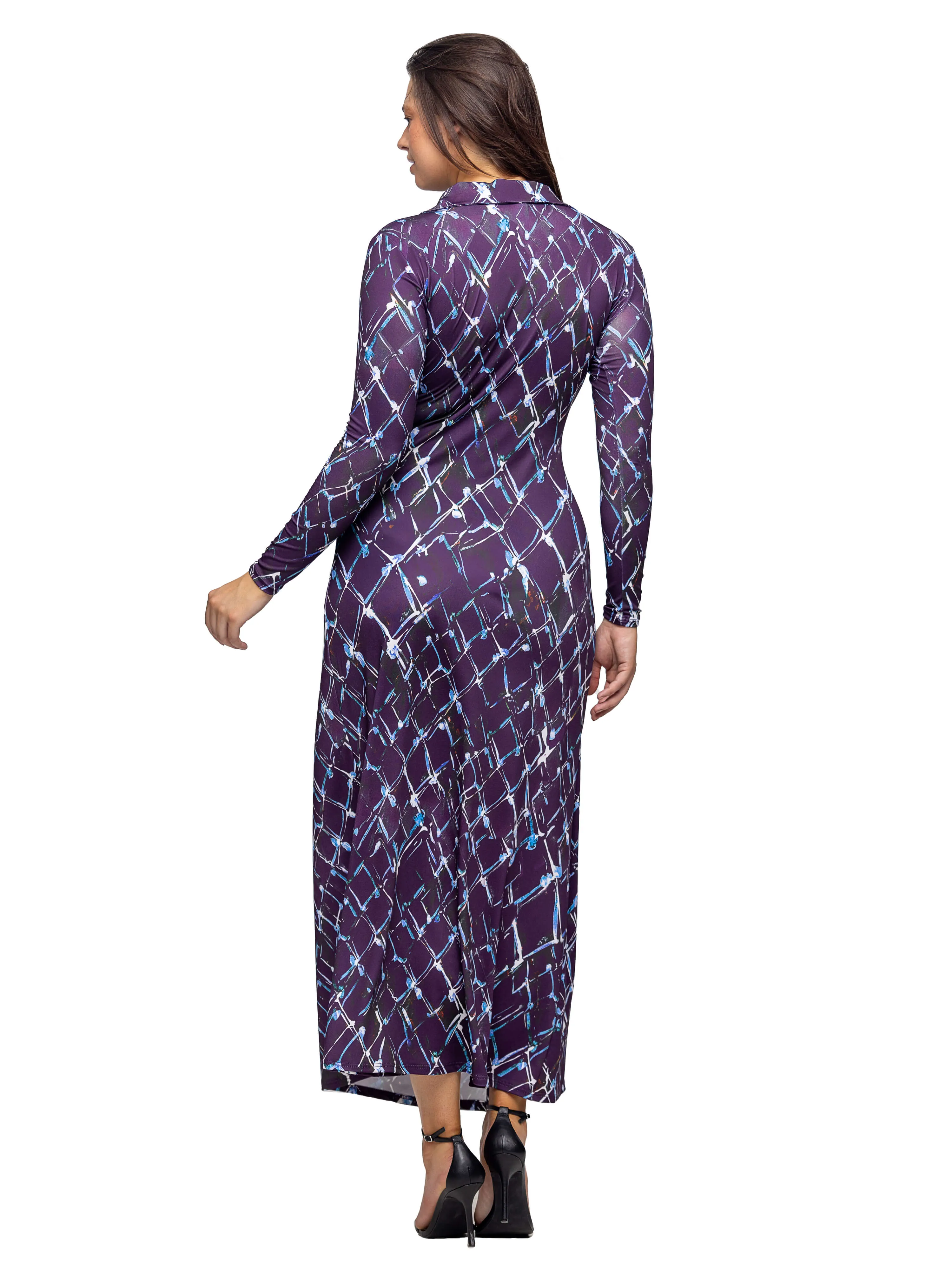 Purple Print Collared Wrap Maxi Dress