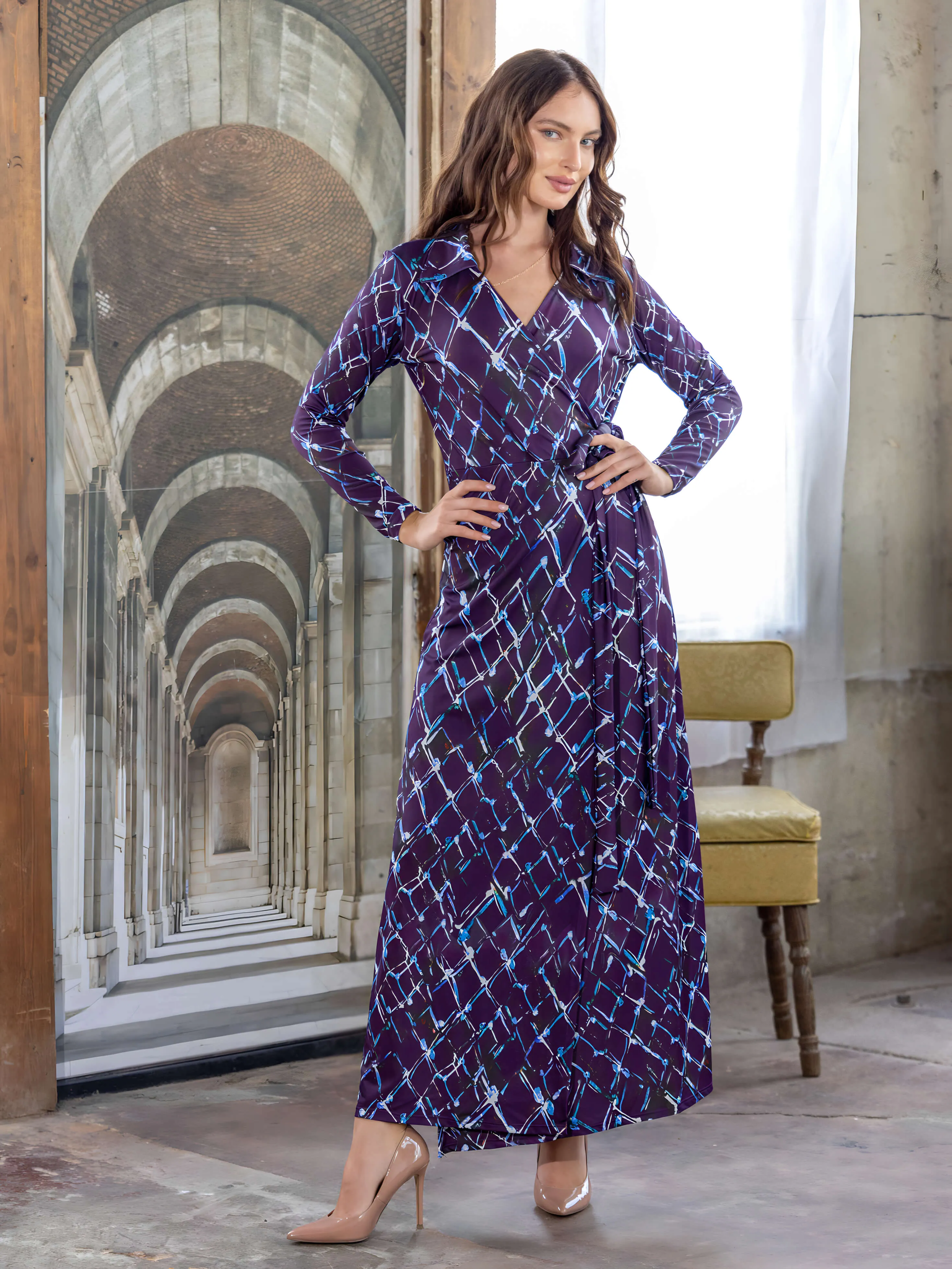 Purple Print Collared Wrap Maxi Dress