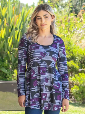 Purple Print Scoop Neck Long Sleeve Tunic Top