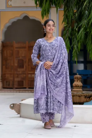 Purple Printed Anarkali Kurta Set With Dupatta For Women