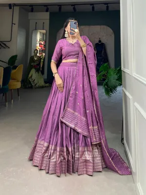 Purple Pure Chanderi Lehenga Choli Set with Zari Border & Sequin Dupatta