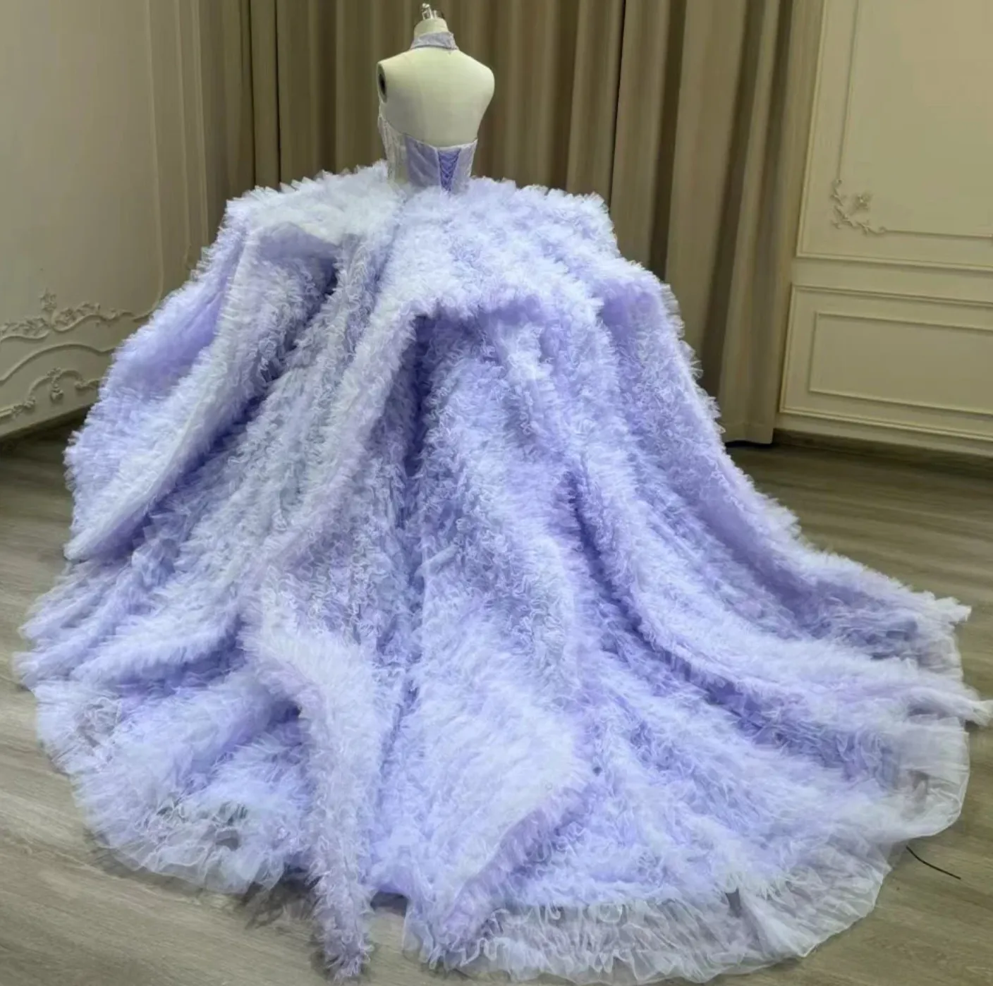 Purple Quinceanera 3D Floral Ball Gown Strapless Lace Tull Corset Dress