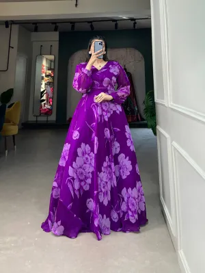 Purple Ready-to-Wear Chiffon Gown with Floral Print