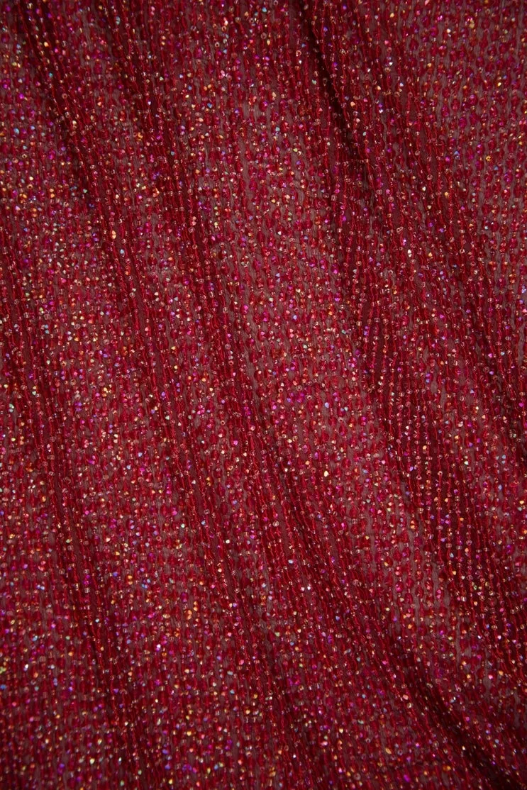 Purple Red Sequins & Beads on Silk Chiffon Fabric