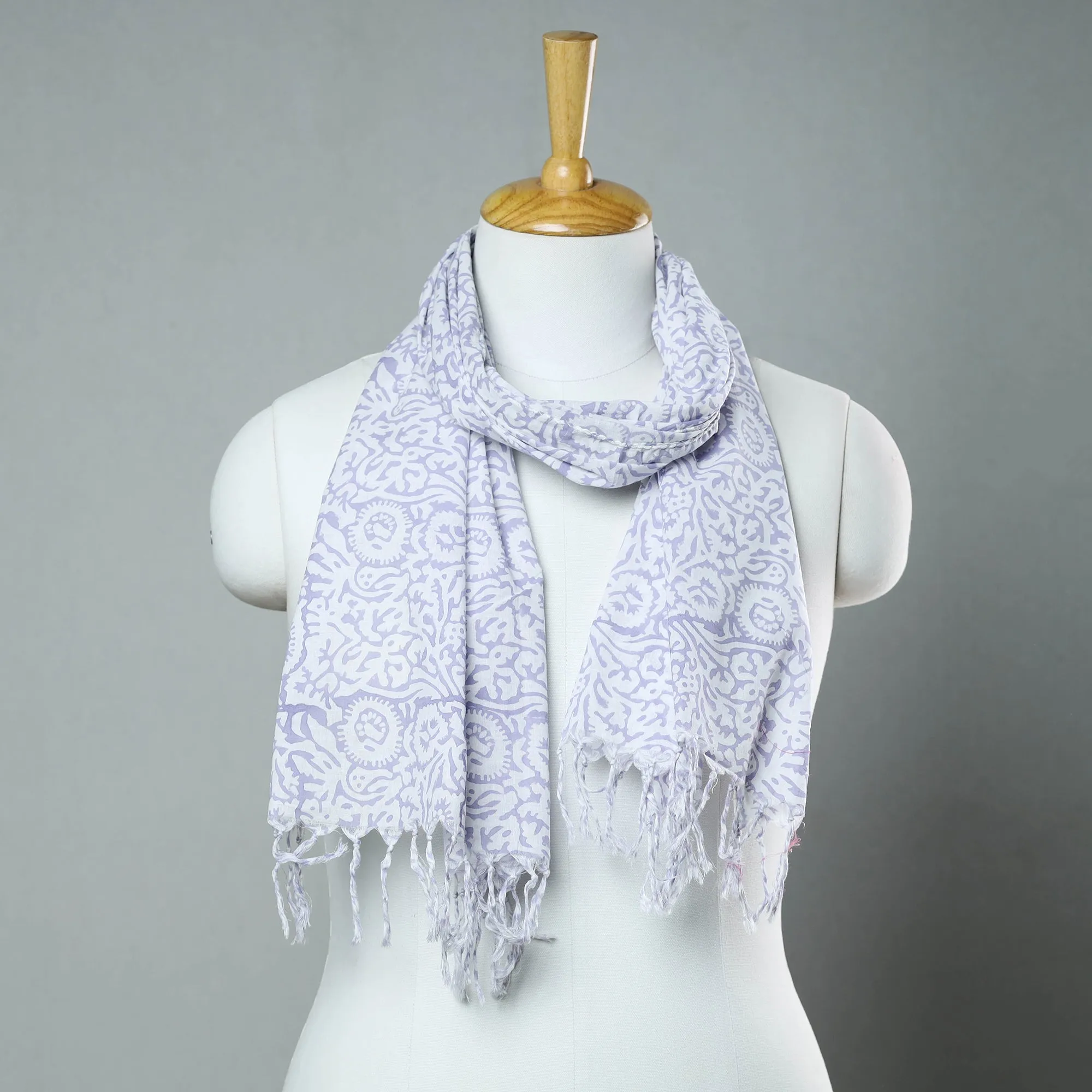 Purple - Sanganeri Block Printed Cotton Stole with Tassels 192