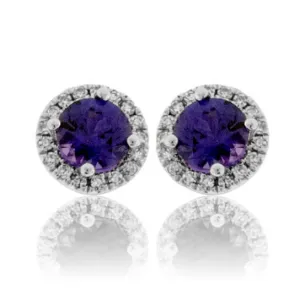 Purple Sapphire with Diamond Halo Stud Earrings