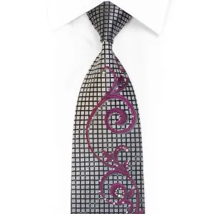 Purple Scrolls On Silver Black Rhinestone Necktie With Sparkles