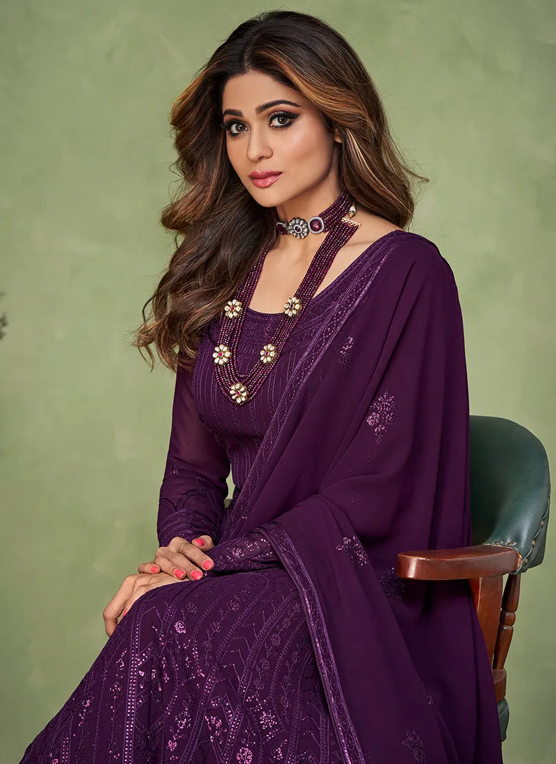 Purple Sequence Embroidered Georgette Slit Style Anarkali Suit