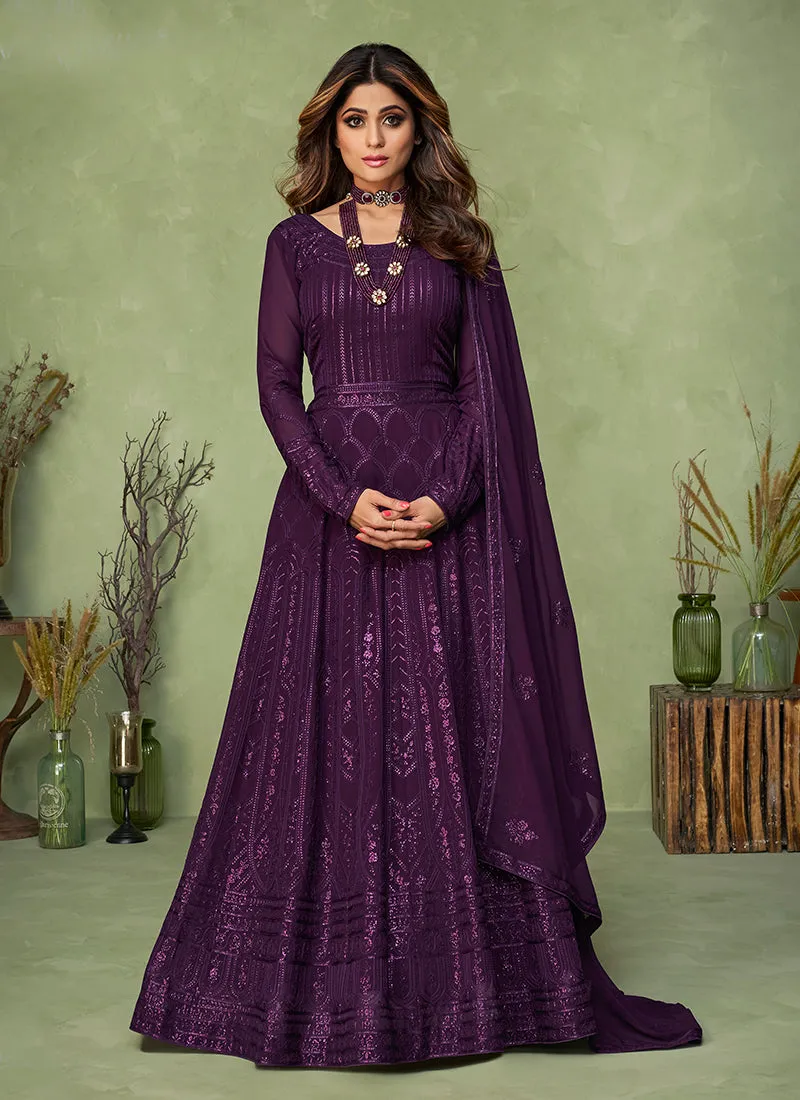 Purple Sequence Embroidered Georgette Slit Style Anarkali Suit