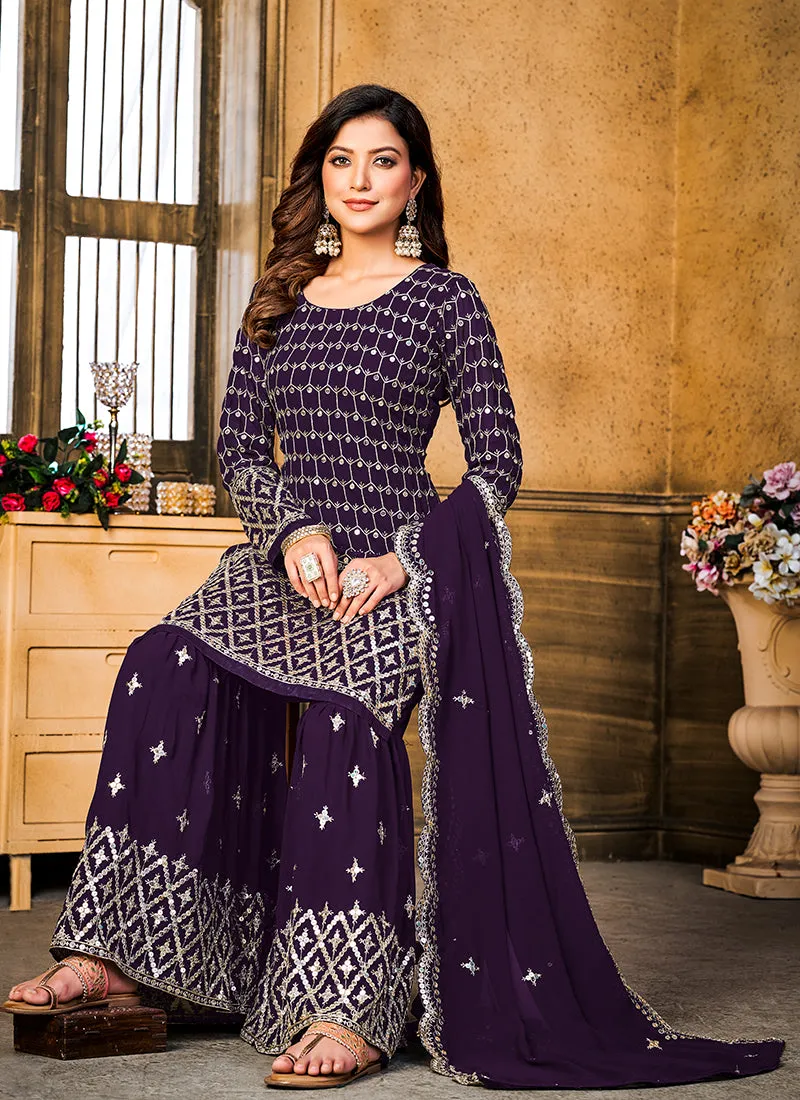 Purple Sequence Embroidery Wedding Gharara Style Suit