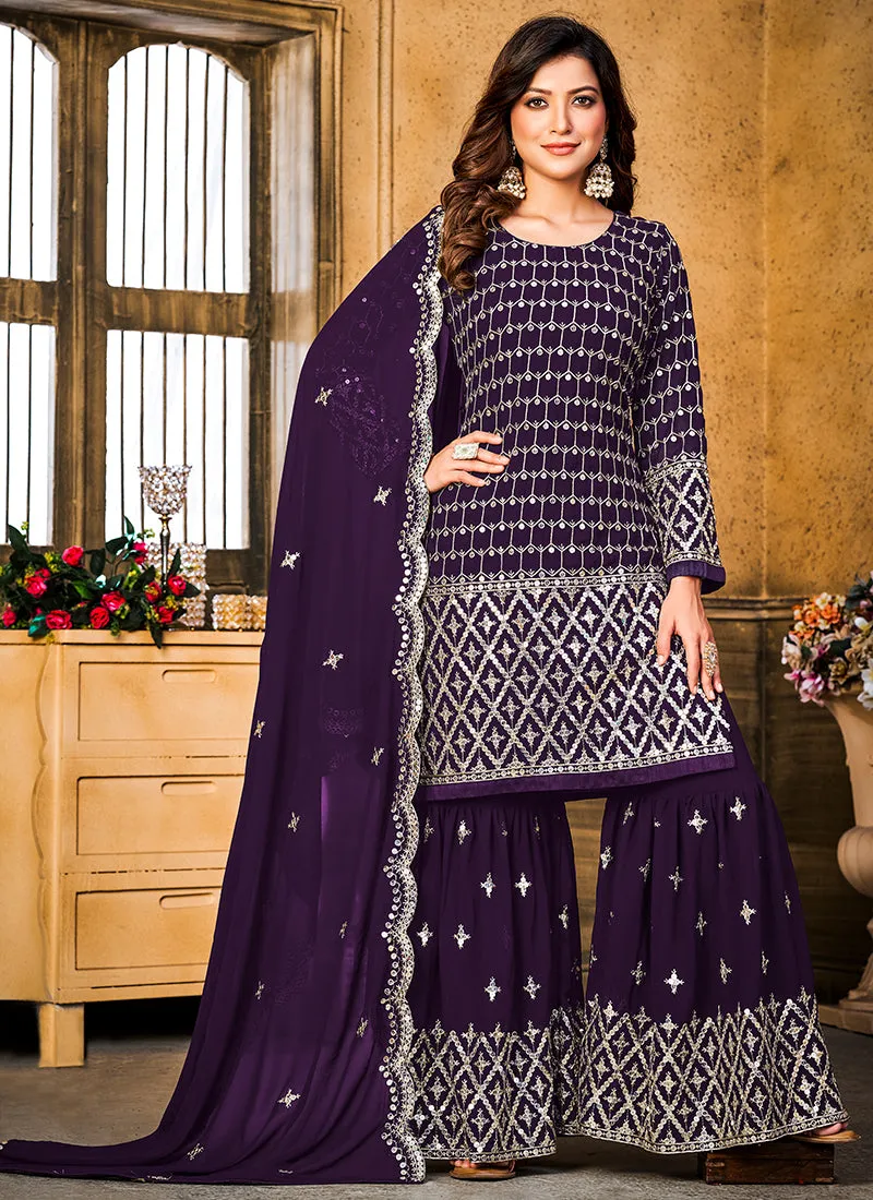 Purple Sequence Embroidery Wedding Gharara Style Suit