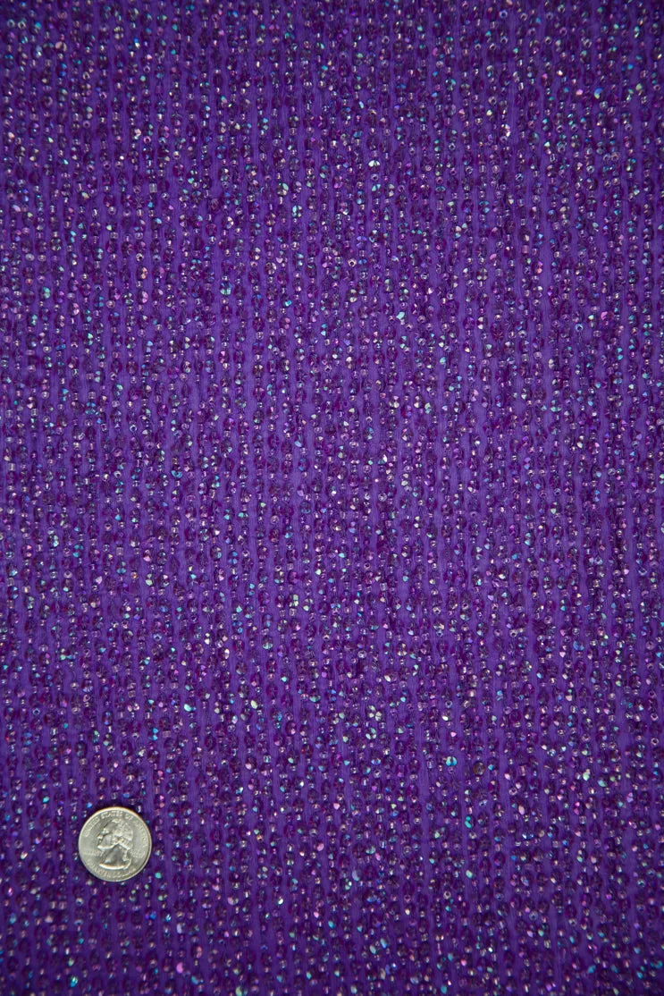 Purple Sequins & Beads on Silk Chiffon Fabric