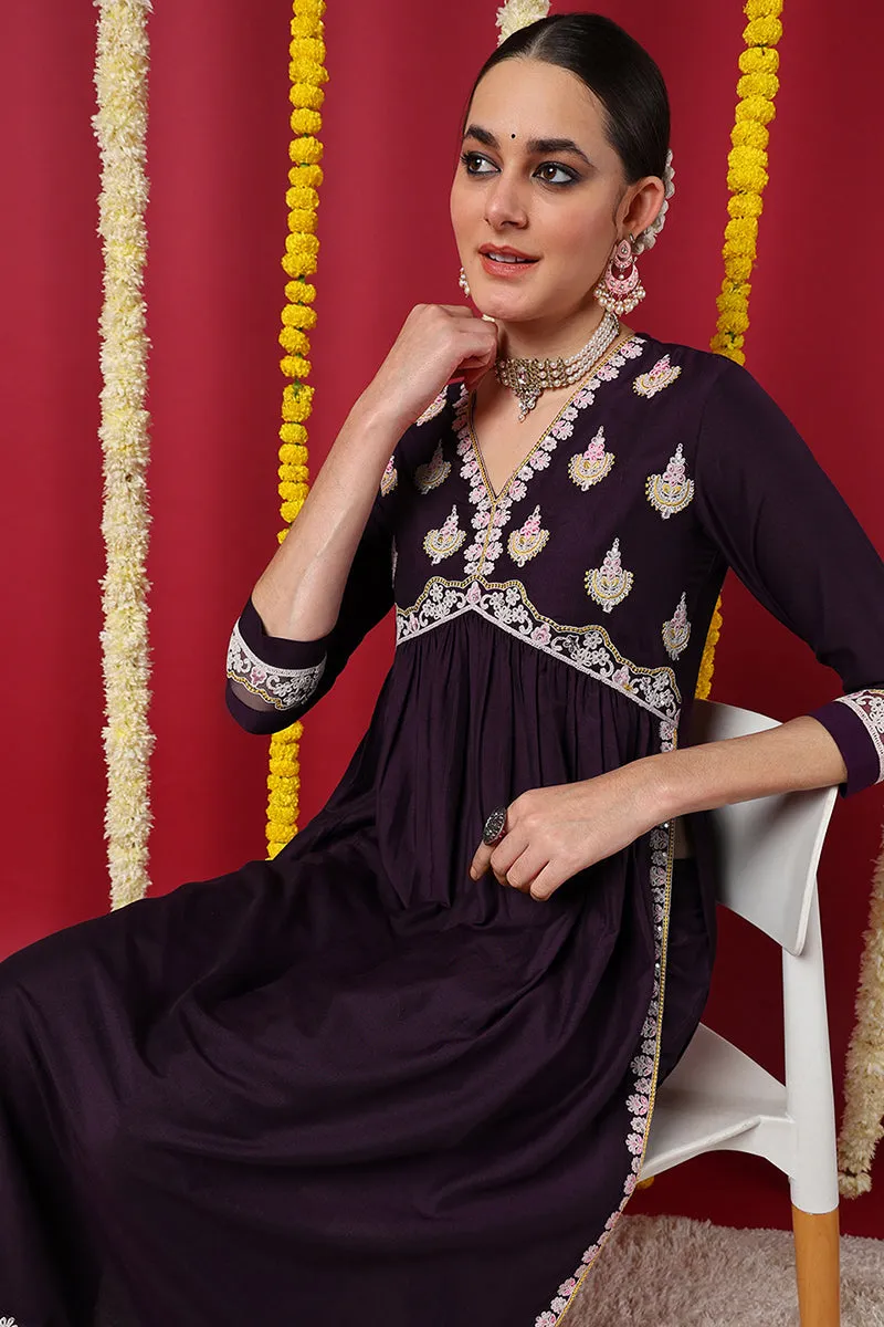 Purple Silk Blend Solid Embroidered Flared Kurta Set