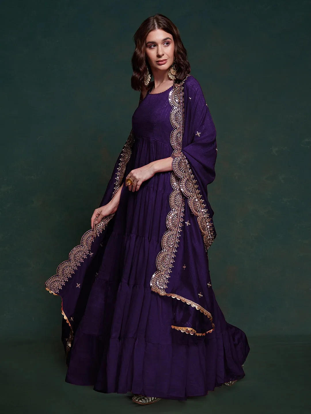 Purple Silk Gown with Sequins and Zari Embellishments