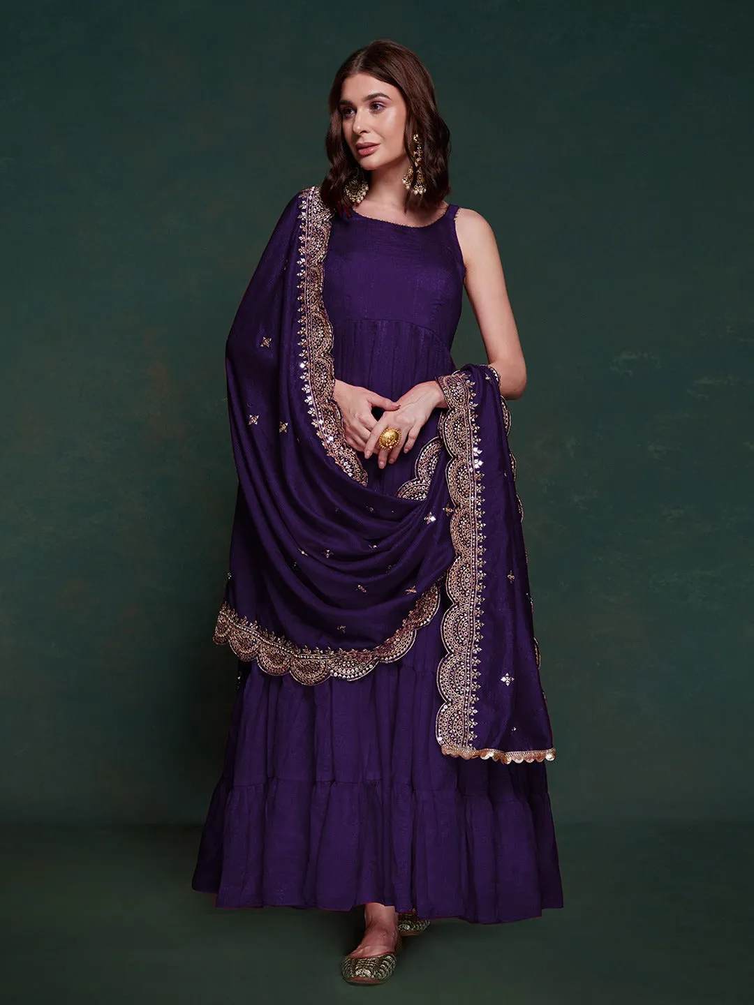 Purple Silk Gown with Sequins and Zari Embellishments