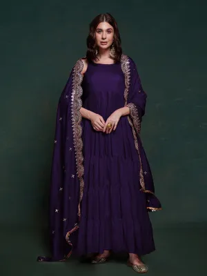 Purple Silk Gown with Sequins and Zari Embellishments