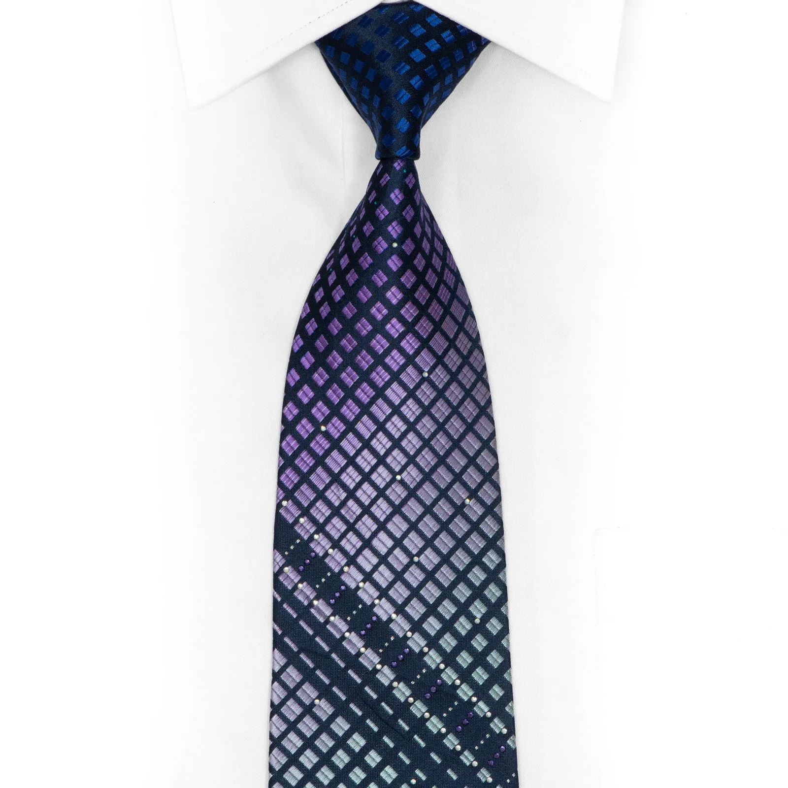 Purple Silver Geometric On Navy Rhinestone Silk Necktie With Teal Silver Sparkles