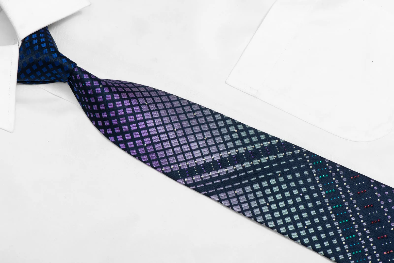 Purple Silver Geometric On Navy Rhinestone Silk Necktie With Teal Silver Sparkles